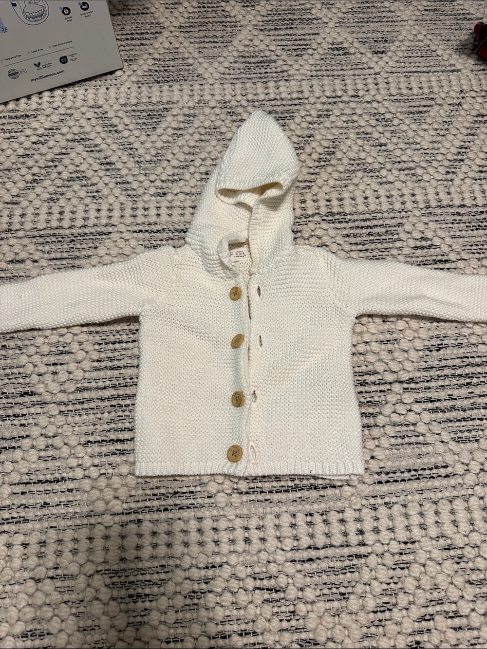 Baby Hooded Knit Cardigan with Wooden Buttons - Cream